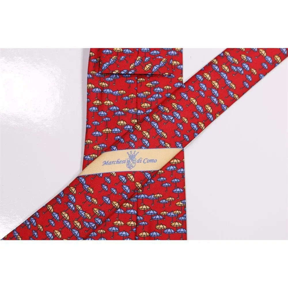 Marchesi di Como Red Umbrella Print Silk Necktie Tie